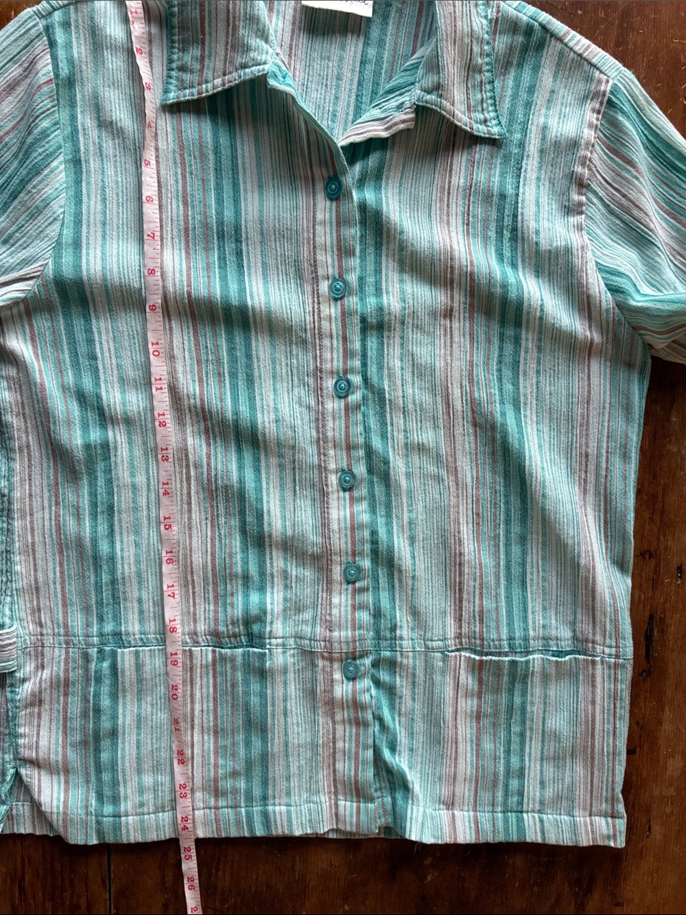 Vintage Carol Reed Boxy Striped Button Up Shirt Aqua - Linen - Picture 7 of 9